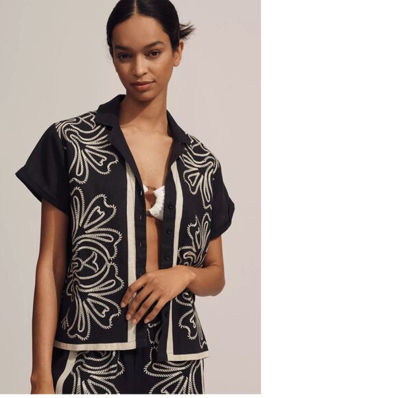 Anthropologie Tops - Anthropologie The Brenna Short-Sleeve Buttondown Shirt Linen Edition M new black